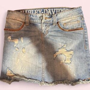 Harley-Davidson Distressed Denim Skirt - Blue and Tan